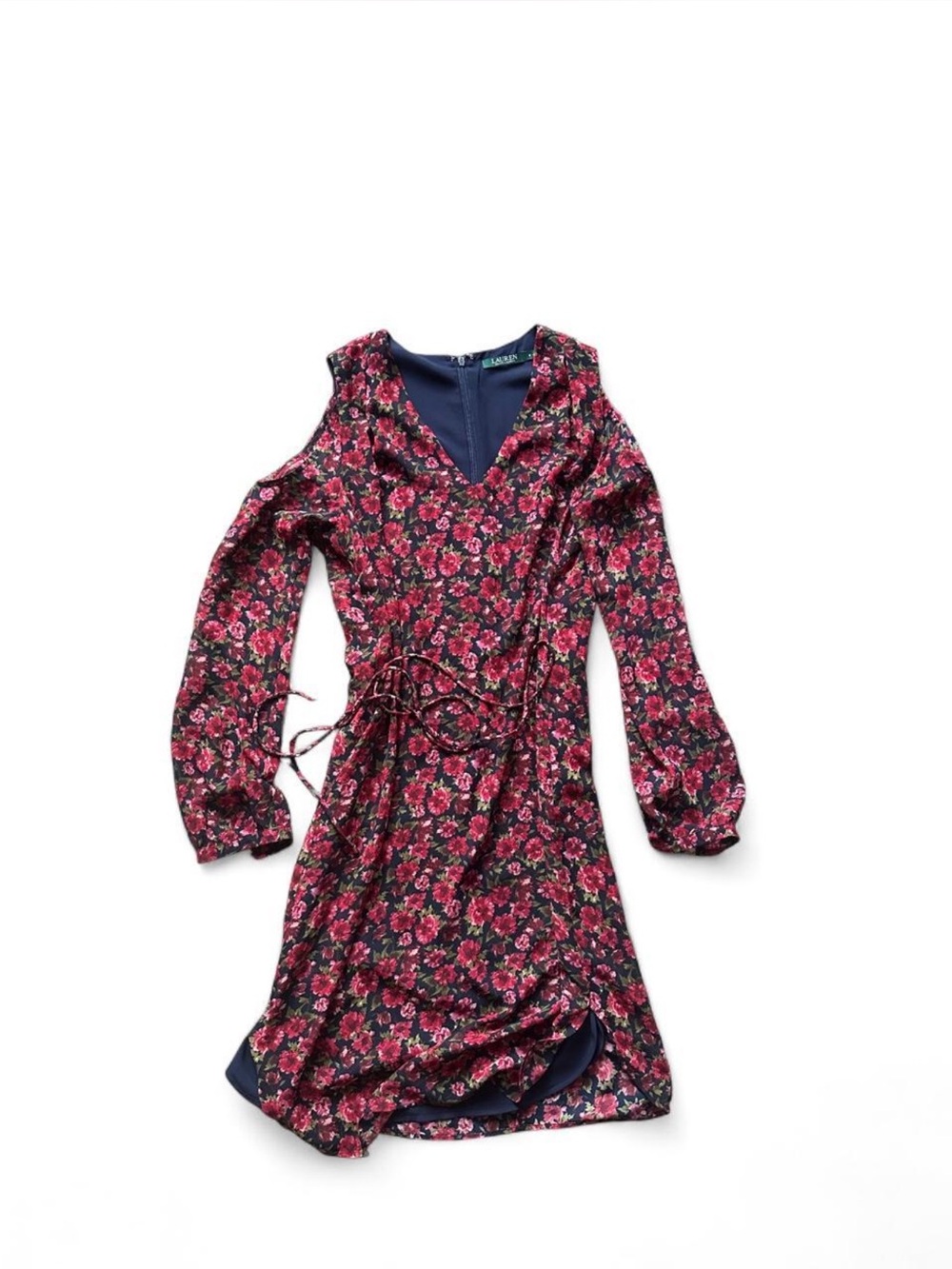 Ralph Lauren Red floral mini dress with tie waist and long sleeves #floraldress